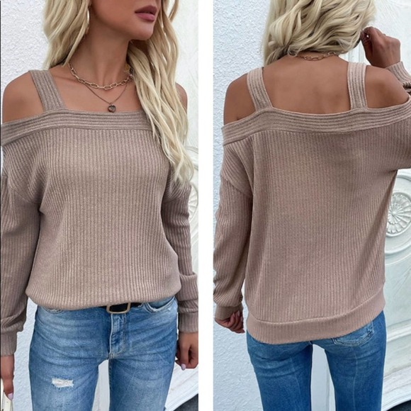 Khaki Cold Shoulder Rib-Knit Sweater - Picture 2 of 2